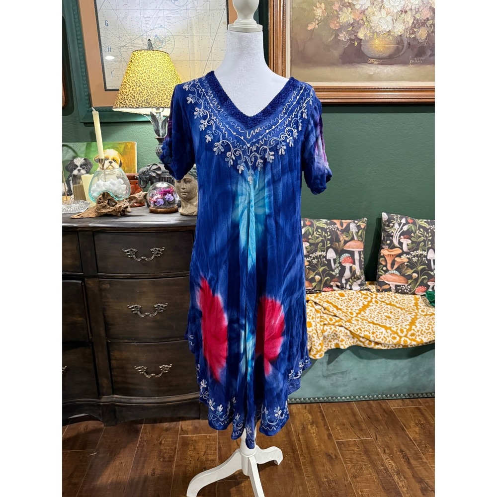 Blue Tie‎ Dye Embroidered V-Neck Boho Mini Dress Womens L